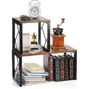 TOPZEA Desktop Shelf, Rustic Wood Freestanding Counter Organizer Shelving Small Vintage Bookshelf, 2 Tier Independent Stackable Office Storage Open Rack Kitchen Display Shelves Desk Hutch, Upgrade