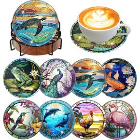 8 Pcs Diamond Art Coasters Kits for Adults - Diamond Painting Coasters Kits for Adults with Holder Cork Pads DIY Animal Diamond Art Dots Painting Coasters Set for Adults Beginners Crafts