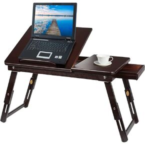 Laptop Desk-Bed Tray Table with Adjustable Height & Angle, Pull-Out Drawer,Tilting Top Foldable Leg,Dark Brown