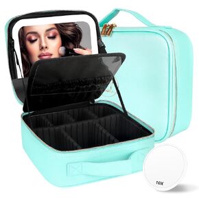 MOMIRA Travel Makeup Bag Cosmetic Bag with Lighted Mirror, Adjustable Brightness in 3 Color Scenarios/Detachable makeup mirror, All-round Upgrade, Waterproof, Gift for Women -Red Brown