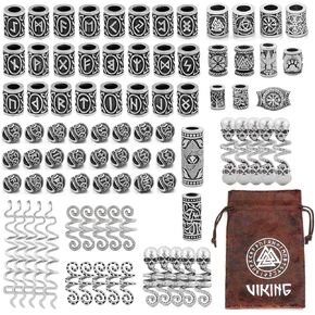 GuoShuang 86Pcs Rune Norse Viking Beads for Hair Beard Bracelet Pendant Jewelry Making Dreadlock Beads with Leather Valknut Gift Bag