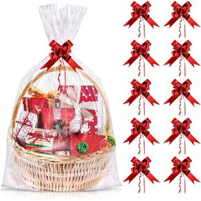 Extra Large Cellophane Bags 30x40 Inches, 10PCS Large Cellophane Wrap for Gift Baskets with 10PCS Red Pull Bows, Clear Cellophane Gift Gags, Plastic Easter Basket Bags for Easter Holiday Gift Wrapping