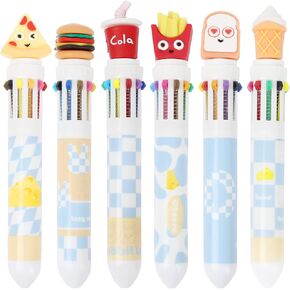 Multicolor Ballpoint Pen 10-in-1 0.5mm Cola Fries Pizza Toast Ice Cream Burgers Pattern Click for School Office Supplies - 6 Pack