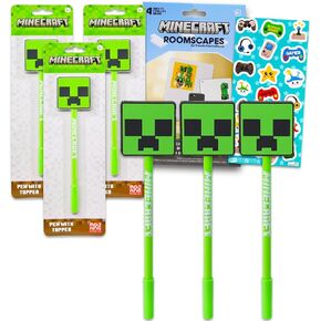 Minecraft Pens Set - Bundle with 3 Pens with Creeper Topper, Stickers, and More Office Supplies