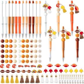 CNhoqc Football‌ Ballpoint Pens Bulk - 225pcs Autumn Rugby Football‌ Beadable Maple Ballpoint Pen, Set of 12pcs Plastic Rugger Beadable Pens Fall Wood Bead Crystal Spacer Resealable Foil Pouch Bag Kid