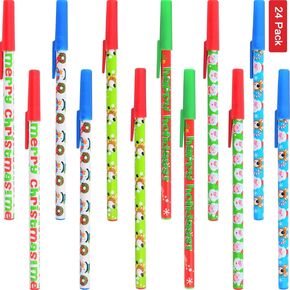 Sunshane 24 Pieces Christmas Stick Pens Set Holiday Ballpoint Pens for Christmas Home Decor Party Gift (Color Set 1)