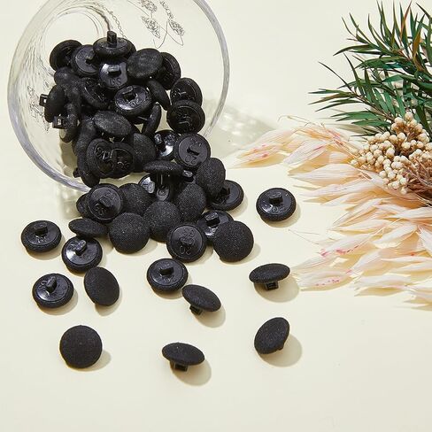 SUPERFINDINGS 80Pcs Black Satin Cloth Buttons Mushroom Fabric Covered Buttons with Plastic Shank 12mm/0.5inch Round Buttons with 1 Hole for Wedding Dress Suits DIY Sewing in Saudi Arabia