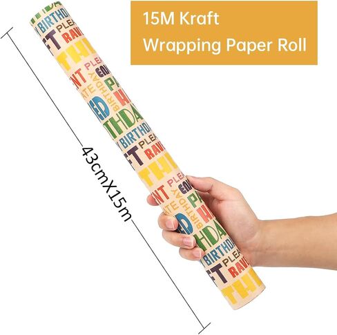 ZJHiome Birthday Wrapping Paper Roll 17Inch X 49Feet Happy Birthday Kraft Wrapping Paper Brown Kraft Gift Wrap Paper for Kids Men Women Birthday Present Packing(Colorful) in Saudi Arabia