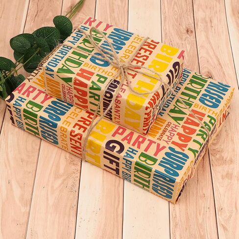 ZJHiome Birthday Wrapping Paper Roll 17Inch X 49Feet Happy Birthday Kraft Wrapping Paper Brown Kraft Gift Wrap Paper for Kids Men Women Birthday Present Packing(Colorful) in Saudi Arabia