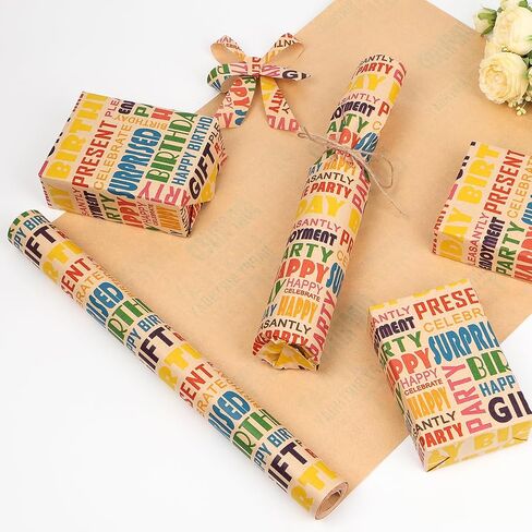ZJHiome Birthday Wrapping Paper Roll 17Inch X 49Feet Happy Birthday Kraft Wrapping Paper Brown Kraft Gift Wrap Paper for Kids Men Women Birthday Present Packing(Colorful) in Saudi Arabia