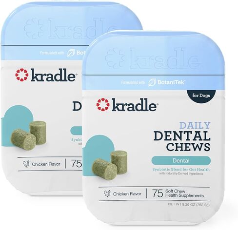 Kradle Dental Chews for Dogs - Daily Dental & Oral Health Support for Dogs - with Probiotics, Ashwagandha, Chamomile & Magnolia Bark – Fresh Breath & Clean Teeth – 75-Count Jar (75-Count Jar, 2-Pack) in Saudi Arabia