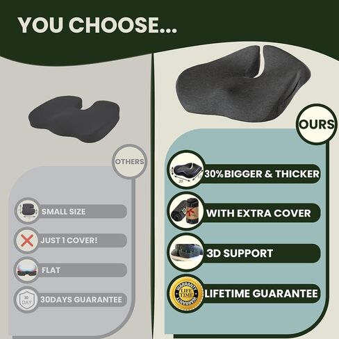 Pressure Relief Seat Cushion for Tailbone Pain – X Large Office Chair Cushion for Butt, Back Pain, Coccyx & Sciatica Pain Relief Pillow. Memory Foam Seat Cushions for Office Chairs. Extra Cover(Black) in Kuwait