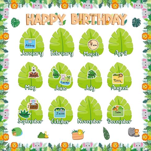 BeYumi Birthday Bulletin Board Decorations - 75Pcs Jungle Animal Bulletin Board Set Forest Happy Birthday Border Trim Decor Months Palm Tree Leaf Cutouts Birthday Calendar School Classroom Chalkboard in Kuwait