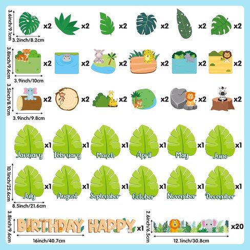 BeYumi Birthday Bulletin Board Decorations - 75Pcs Jungle Animal Bulletin Board Set Forest Happy Birthday Border Trim Decor Months Palm Tree Leaf Cutouts Birthday Calendar School Classroom Chalkboard in Kuwait