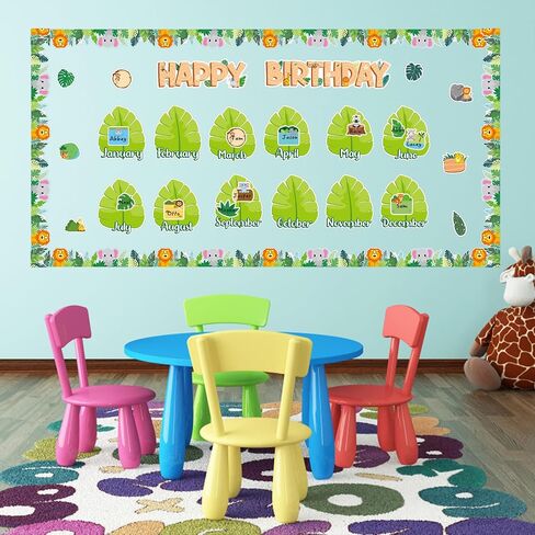 BeYumi Birthday Bulletin Board Decorations - 75Pcs Jungle Animal Bulletin Board Set Forest Happy Birthday Border Trim Decor Months Palm Tree Leaf Cutouts Birthday Calendar School Classroom Chalkboard in Kuwait