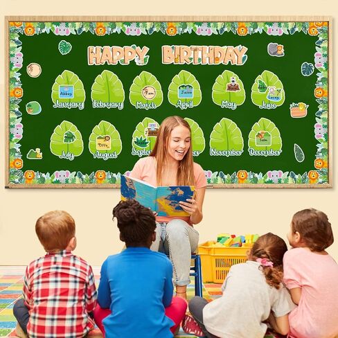 BeYumi Birthday Bulletin Board Decorations - 75Pcs Jungle Animal Bulletin Board Set Forest Happy Birthday Border Trim Decor Months Palm Tree Leaf Cutouts Birthday Calendar School Classroom Chalkboard in Kuwait