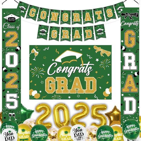 Graduation Decorations Class of 2025 Green Gold Graduation Party Decorations Include Graduation Backdrop, Congrats Grad Banner, Door Banner, 2025 Foil and Latex Balloons for Graduation Party Supplies in Saudi Arabia