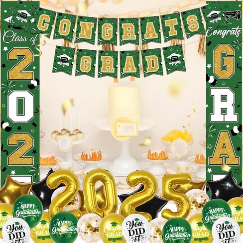 Graduation Decorations Class of 2025 Green Gold Graduation Party Decorations Include Graduation Backdrop, Congrats Grad Banner, Door Banner, 2025 Foil and Latex Balloons for Graduation Party Supplies in Saudi Arabia