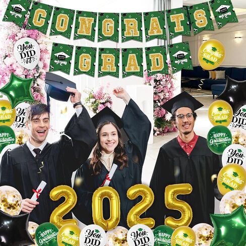 Graduation Decorations Class of 2025 Green Gold Graduation Party Decorations Include Graduation Backdrop, Congrats Grad Banner, Door Banner, 2025 Foil and Latex Balloons for Graduation Party Supplies in Saudi Arabia