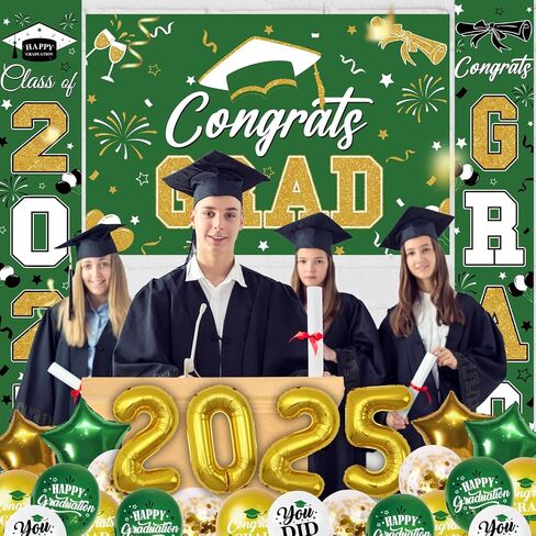 Graduation Decorations Class of 2025 Green Gold Graduation Party Decorations Include Graduation Backdrop, Congrats Grad Banner, Door Banner, 2025 Foil and Latex Balloons for Graduation Party Supplies in Saudi Arabia