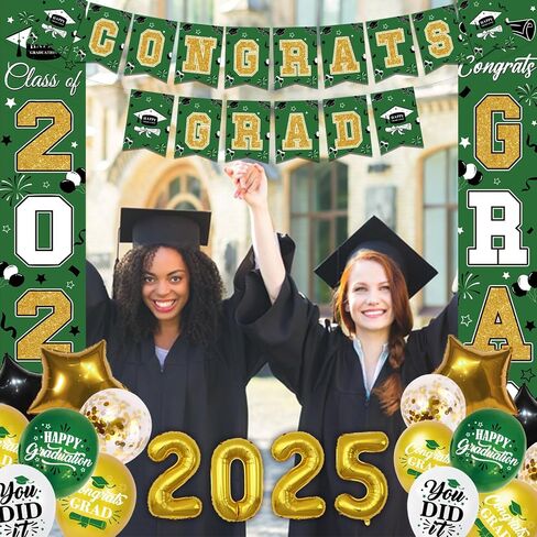 Graduation Decorations Class of 2025 Green Gold Graduation Party Decorations Include Graduation Backdrop, Congrats Grad Banner, Door Banner, 2025 Foil and Latex Balloons for Graduation Party Supplies in Saudi Arabia