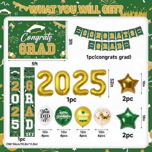 Graduation Decorations Class of 2025 Green Gold Graduation Party Decorations Include Graduation Backdrop, Congrats Grad Banner, Door Banner, 2025 Foil and Latex Balloons for Graduation Party Supplies in Saudi Arabia