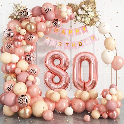 80th Birthday Decorations for Women,Rose Gold 80th Birthday Balloon Arch Garland Kit With Happy 80th Birthday Number 80 Foil Balloons,Happy Birthday Banner for Women 80th Birthday Party Decoration in Kuwait