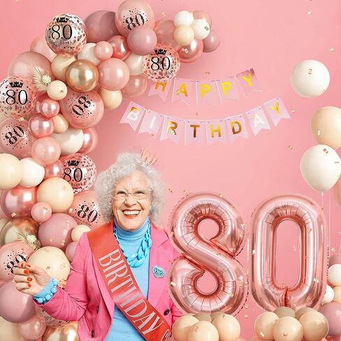 80th Birthday Decorations for Women,Rose Gold 80th Birthday Balloon Arch Garland Kit With Happy 80th Birthday Number 80 Foil Balloons,Happy Birthday Banner for Women 80th Birthday Party Decoration in Kuwait