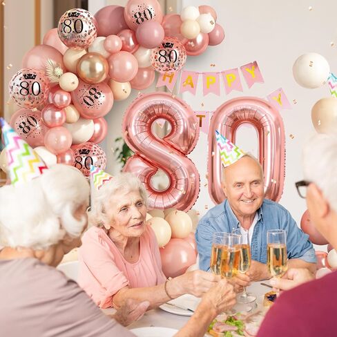 80th Birthday Decorations for Women,Rose Gold 80th Birthday Balloon Arch Garland Kit With Happy 80th Birthday Number 80 Foil Balloons,Happy Birthday Banner for Women 80th Birthday Party Decoration in Kuwait