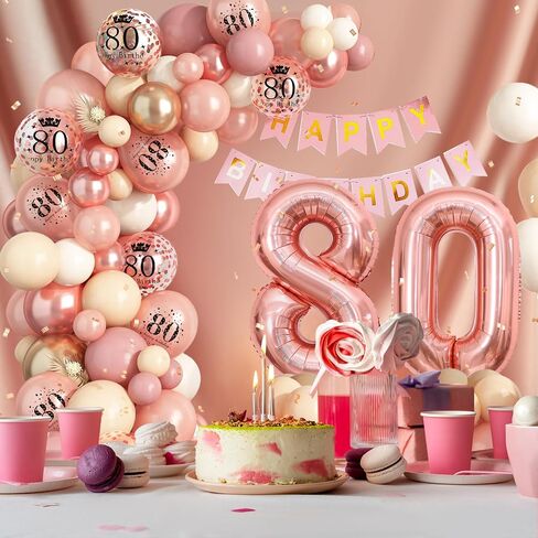 80th Birthday Decorations for Women,Rose Gold 80th Birthday Balloon Arch Garland Kit With Happy 80th Birthday Number 80 Foil Balloons,Happy Birthday Banner for Women 80th Birthday Party Decoration in Kuwait