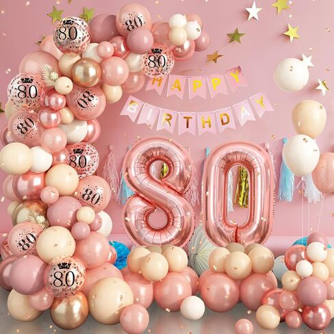 80th Birthday Decorations for Women,Rose Gold 80th Birthday Balloon Arch Garland Kit With Happy 80th Birthday Number 80 Foil Balloons,Happy Birthday Banner for Women 80th Birthday Party Decoration in Kuwait