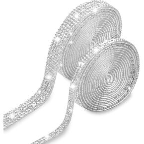 2 Yards Silver Rhinestones Ribbon, Rhinestone Diamond Stickers for Clothes Craft, Self Adhesive Stick on Silver Gems, Bling Decorations for Bedroom DIY Arts Crafts