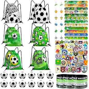 110Pcs Soccer Party Favors Drawstring Bags Soccer Goodie Bag with Mini Ball, Wristband, Slap bracelets, Keychains, Stickers for Soccer Party Supplies