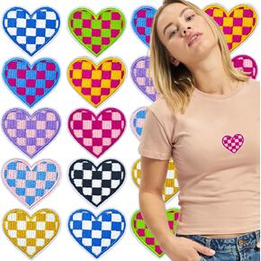 10 PCS Checkered Racing Flag Patches, Heart Checkered Iron On Patches, Black White Hearts Embroidered Jean Patches Punk Funny Embroidered Badge Iron for Clothes Bags Hats T-Shirts Jeans