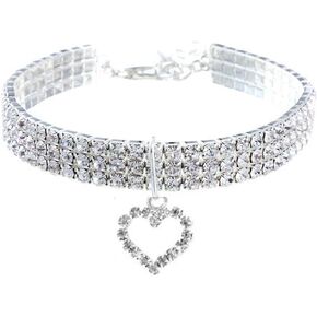Pet Collar with Diamonds, Adjustable Crystal Diamond Elastic Love Heart Pendant Wedding cat and Dog Small pet Necklace Jewelry
