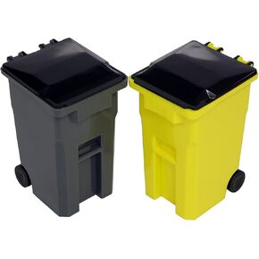 Thornton's Office Supplies Desk Pen Holder - Tiny Curbside Garbage Trash and Mini Recycle Can Set - Cool Plastic Pencil Cup Storage and Organizer - Small Toy Bin for Kids and Adults (Gray/Yellow)