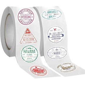 1000PCS Retro Passport Stamp Stickers Roll 10 Styles Envelope Seals Stickers Travel Stickers for Kids Vintage Passport Postage Stamps Stickers (Two Rolls of Stickers 500 PCS Each)
