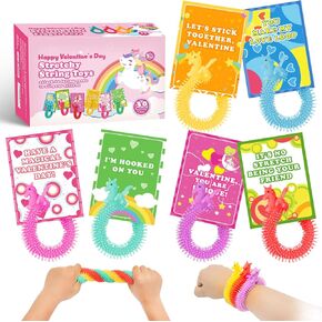 30 Pack Valentine's Day Cards for Kids with Unicorn Stretchy Strings for School Classroom Valentine's Gift Exchange, Valentine's Party Favor for Kids, Valentine's Prizes, Fidget Toys