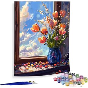 Diymood Paint by Numbers Kits for Adults Flower, DIY Oil Painting Window Acrylic Paint by Number for Adults Beginner with Brushes for Home Wall Decor 16x20 inch