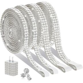 Teaaha 4 Rolls Rhinestone Ribbon Self Adhesive Crystal Rhinestone Tape Glitter Tape with 2 Mm Rhinestones Strips for Wedding Birthday Party Arts Crafts DIY Car Phone Decoration (Silver, 2 Type)