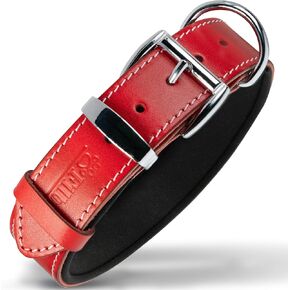 Leather Dog Collar, Genuine Leather Collar for Large Dogs, Pawprint Embossed with Buckle, Top-Notch Quality Vegetable-Tanned Full Grain, Strong, Adjustable, Heavy Metal Buckle, Red