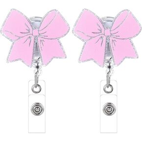 Sparkly Pink Bow Badge Reel, 2 Pcs Retractable Nursing Badge Accessories, ID Tag Holder Accessory for Doctor, Nurse, Doctor Medical Worker, Nursing Teacher, Student