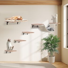 Cat Wall Shelves, Solid Wood Cat Wall Furniture Set, with Cat Bed, Hammock, Climbing Shelves, Sisal Cat Scratching Post & Ball (Beige)