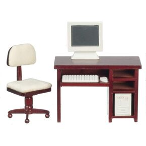 Dolls House Computer Mahogany Desk & Chair Miniature Study Office Furniture Set
