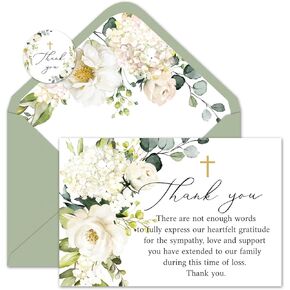 Whaline 48Pcs Funeral Thank You Cards Floral Sympathy Thank You Card with Stickers Envelopes White Flower Bereavement Card for Memorial Service Loved Ones Celebration of Life