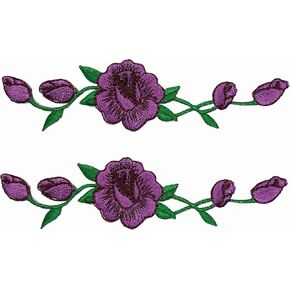 Lot 2 Pcs Rose Flower Embroidery Iron On Flower Appliques Patch for Craft, Sewing, Clothing (1 1/8" x4 3/4" inch) (Purple)