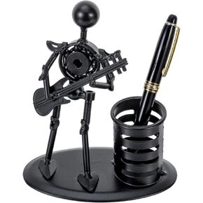 MyGift Modern Matte Black Metal Pen Pencil Cup with Nuts and Bolts Stick Figure Guitar Rocker Design, Decorative Rock and Roll Office Supply Organizer Desk Pencil Holder