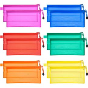 Bememo 12 Pieces 6 Colors Pencil Pouch Zipper File Bags Waterproof Plastic Double Layer for Pen Bag Cosmetics Supplies Travel Accessories