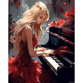 QACEYID Paint by Numbers for Adults, Red Dress Piano Woman, DIY Acrylic Watercolor Painting by Numbers for Adults Beginners Painting Arts Craft on Canvas Home Wall Decor 16x20 inches Music Lover