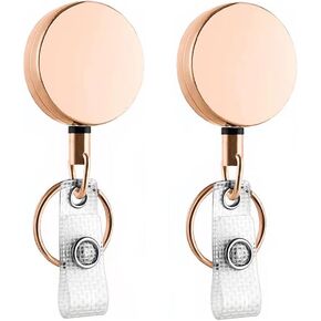 2PCS Alloy Rose Gold Retractable Badge Holder Reel Metal ID Badge Holder with Belt Clip Key Ring for Students Teachers Office Workers